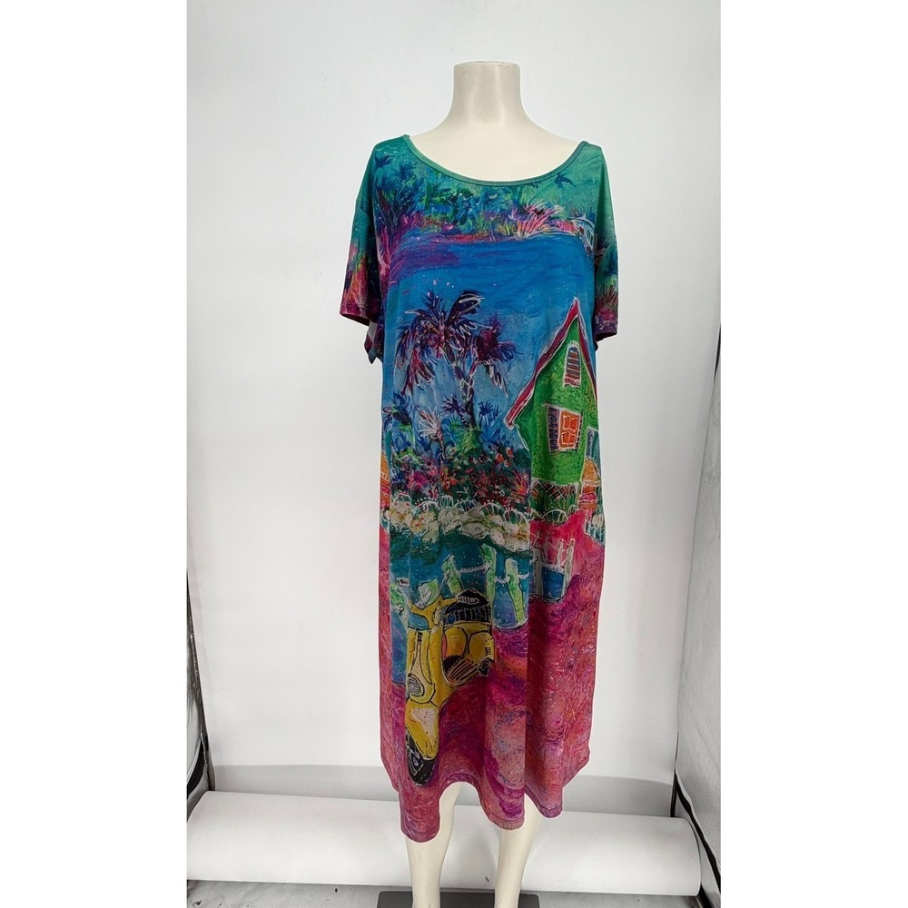 Leoma Lovegrove Tropical Coastal Art Print Shift Dress Women Large Short Sleeve